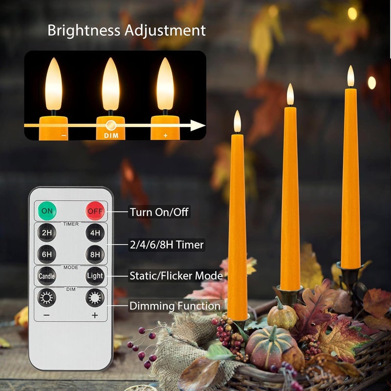 AFINETH Orange Flameless Taper Candles, 9.6" Halloween Battery Operated Candles with Remote, Real Wax Fall Led Candle, Flickering Flameless Candlesticks for Fall, Thanksgiving, Harvest, Halloween Decor, 3 Pcs - Image 3